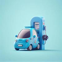 Cute 3D blue EV car with Electric charging station charger on isolated background. Clean energy technology and transportation concept. photo