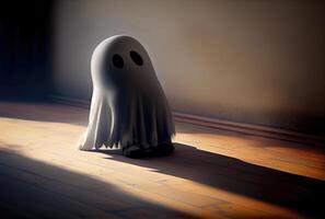 Cute ghost in the haunted house background. Halloween and spooky concept. photo