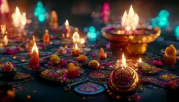 Diwali festival with colorful candles light and bokeh background. photo