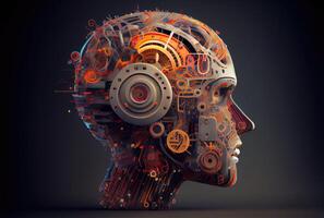 mecánico sistema de cerebro en el robot humanoide es motorizado por artificial inteligencia Procesando sistema. negocio y médico salud concepto. generativo ai foto