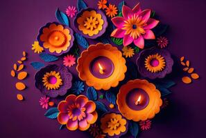 Colorful Diwali festival clay lamps called Diyas decorating on purple background. photo