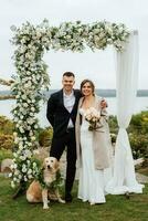 wedding ceremony of the newlyweds in a country cottage photo