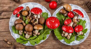 a dish of fly agaric mushrooms and royal champignons on a beautiful plate. . photo
