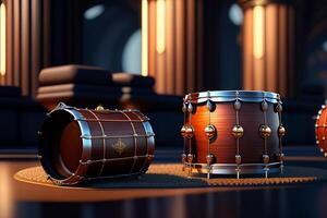 Small statues in the form of drums stand in the room on the table. photo