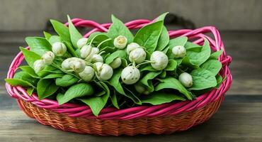 Ramson in a beautiful basket. ai generation photo