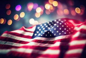 el unido estados de America Estados Unidos bandera con vistoso brillante bokeh ligero antecedentes. nación bandera en el oscuro con iluminación ligero. nacional día concepto. generativo ai foto