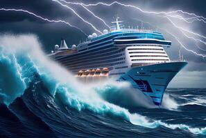 Cruise ship encounters huge waves and raging storms. Transportation and Nature concept. photo