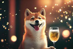 Happy Shiba Inu dog with toasted wine glass in party and golden bokeh light background. Animal and pet concept. Digital art illustration. photo