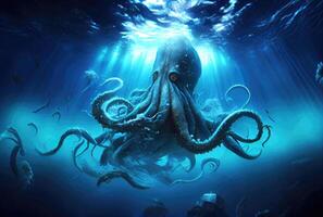 Kraken under the deep sea attacking and sinking the ship. Mythical creatures concept. photo