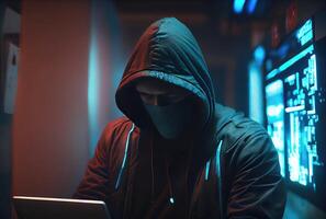 hacker en el negro capucha en el servidor habitación. irreconocible gente. tecnología y la seguridad cibernética y delincuente concepto. generativo ai foto