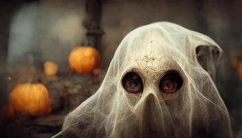 Spooky ghost face with pumpkin lantern in Halloween party background. photo