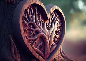 corazón forma tallado en el árbol antecedentes. belleza en naturaleza y hecho a mano concepto. digital Arte ilustración. generativo ai foto