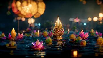 Loy Krathong festival with colorful candles light and full moon in Thailand background. Floating ritual banana leaves vessel or lamp and lotus flower into the water traditional. Generative AI photo