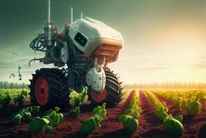 Robot farming harvesting agricultural products in crop field. Innovative futuristics technology and 5G smart farming concept. photo