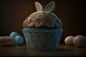 Festive Easter cupcake with bunny ears. ai generation photo