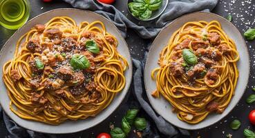 spaghetti with cheese on a beautiful plate. . photo