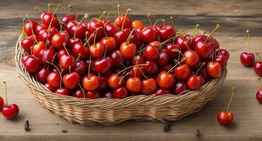Cornelian cherry in a beautiful basket. ai generation photo