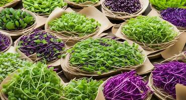 microgreens in bowls of straw on the table. ai generation photo