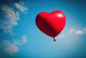 Red balloon in heart shape flying on the air with blue sky background. Valentines day concept. photo