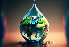 Earth in water drop shape dropping on the ground background. Environment and World savings concept. Digital art illustration. photo