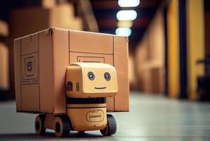 Robot AGV transporting cardboard box in warehouse background. Technology innovation and delivery concept. photo