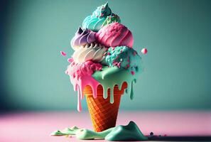 Melting ice cream cone with sweet toppings on minimal studio background. Summer food and fun concept. Digital art illustration theme. photo