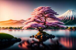 un solitario sakura árbol soportes en un isla en frente de un volcán y montañas a puesta de sol. ai generado foto