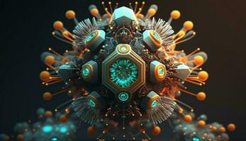 a concocted virus under a microscope with many details and a unique shape highlighting the complexity of these tiny infectious bacteria. ai generation photo