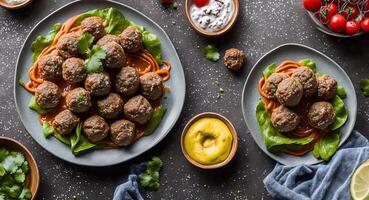 meatballs with pasta on a beautiful plate. . photo