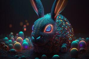 Easter neon bunny with colorful eggs around. ai generation photo