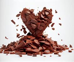 Closeup stacked chocolate heart-shape chunks falling on the white table and cracked. Food and sweet dessert concept. photo