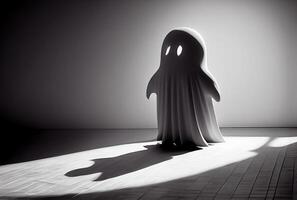 Cute ghost in the haunted house background. Halloween and spooky concept. photo