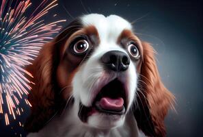 The dog is afraid and shocked by the sound of fireworks with sky background. Pet and animal concept. Digital art illustration. photo