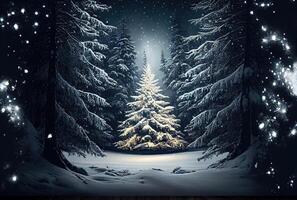 Decorated enchanted Christmas tree with illumination glowing lighting in snowy winter background. Holiday and festival concept. photo