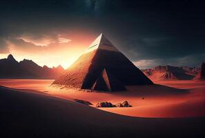 Pyramid in the sand dune desert and sky background. Travel destination and architecture concept. Digital art illustration. photo