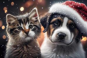 Happy Cat and Dog in Santa Claus costume with bokeh light and snowflakes background. Animal and Christmas day concept. photo
