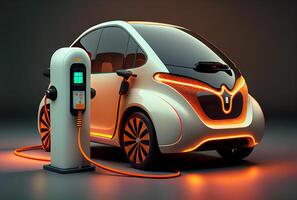 EV car with Electric charging station charger and blue glowing light stripe. Technology and transportation concept. photo