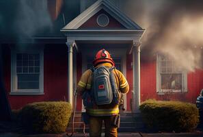 bomberos son extinguir un fuego ese quemaduras abajo un civil casa. personas trabajo y ocupación concepto. generativo ai foto