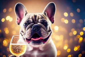 Happy French Bulldog dog with toasted wine glass in party and golden bokeh light background. Animal and pet concept. Digital art illustration. photo