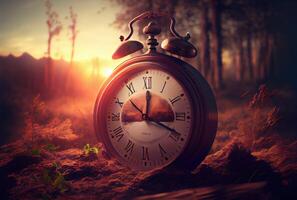Clock in the nature landscape with daylight saving concept background. Time overlap and Time zone theme. photo