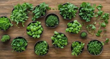 different types of microgreens lie in plates. ai generation photo