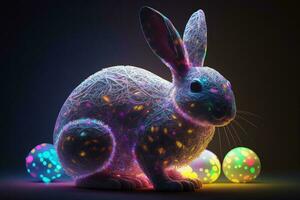 Multicolored Easter neon bunny with bright colorful eggs around. ai generation photo
