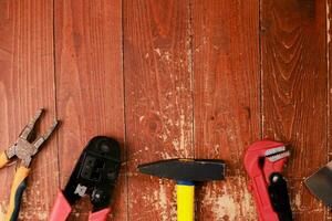 Flat lay Building tools on wooden background. Do makeovers. happy fathers day photo