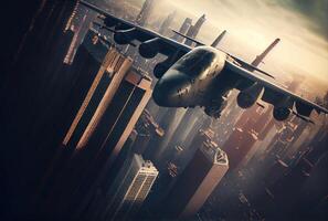 Fighter planes fly over the big city. Defensive military and world war concept. photo