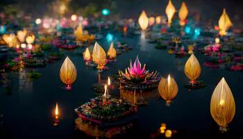 Loy Krathong festival with colorful candles light and full moon in Thailand background. Floating ritual banana leaves vessel lamp and lotus flower into the water traditional. photo