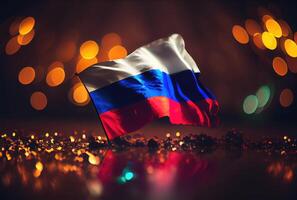 Russia flag with colorful shiny bokeh light background. Nation flag in the dark with illumination light. National day concept. photo