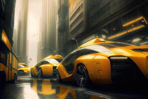 Futuristic yellow taxi among big cities and skyscrapers. Transportation and Innovation technology concept. photo