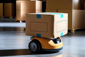 Robot AGV transporting cardboard box in warehouse background. Technology innovation and delivery concept. photo