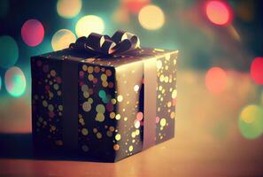 Celebrate gift box on the table with defocused bokeh light background. New year event and Christmas celebration concept. photo