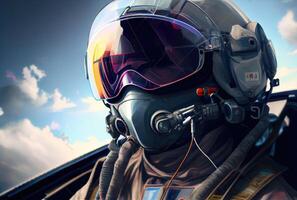 Head shot of fighter pilot flying on the high sky in the airspace for national defense or world war. Portrait of soldier. photo